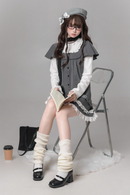 グレイポルカドットドールドレス+ベレー帽