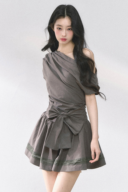 ウエストスリムパフィーオフショルダードレス