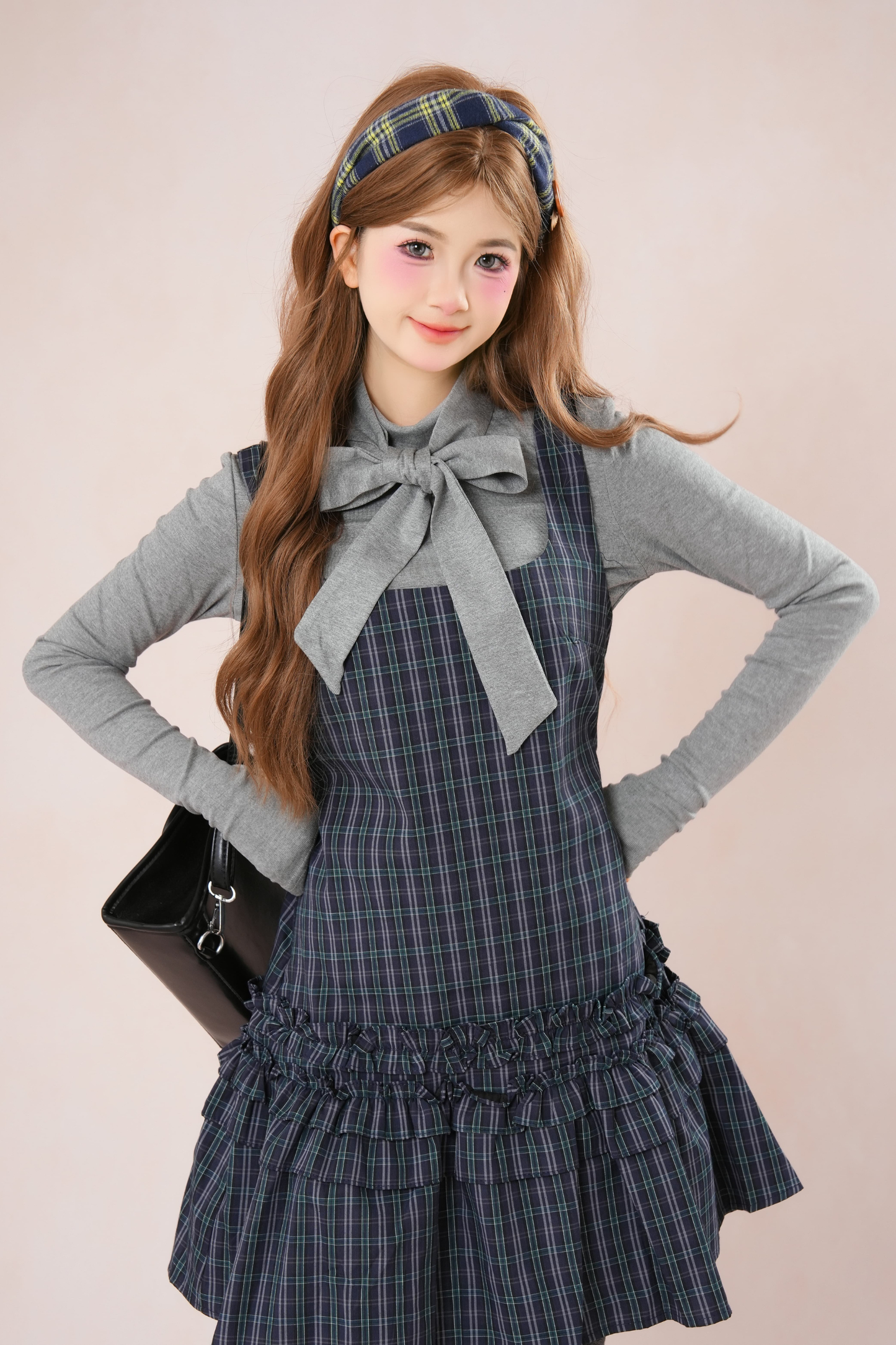 ダークフレンチフリルチェックノースリーブドレス+シャツ