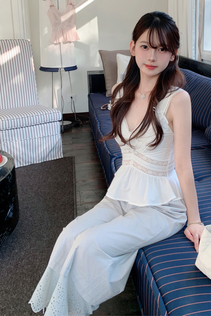 スイートショルダーリボンノースリーブトップス＋レースワイドパンツ