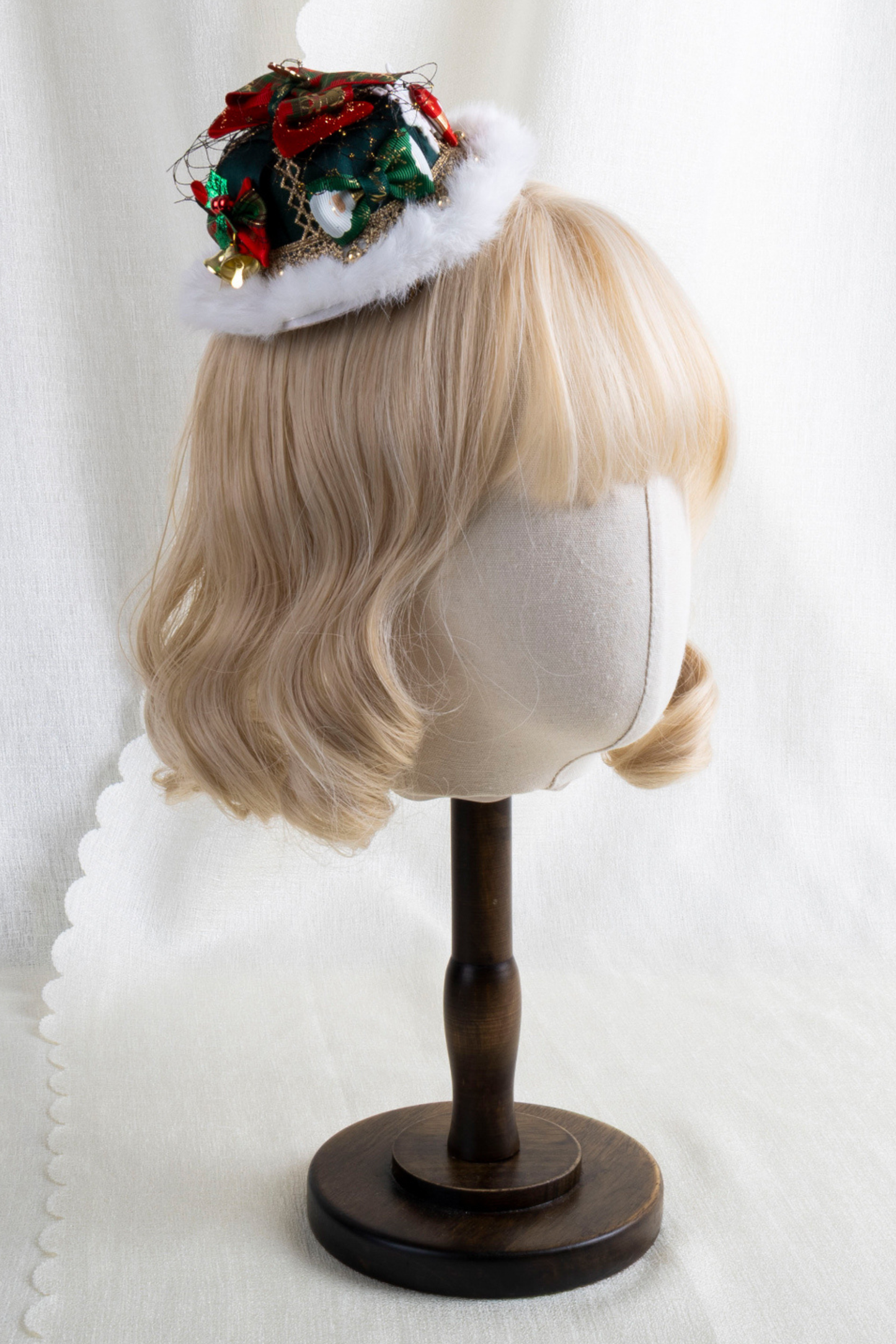 クリスマスチェックヘアーオーナメントリボンクリップ+ハットクリップ+ヘアバンド