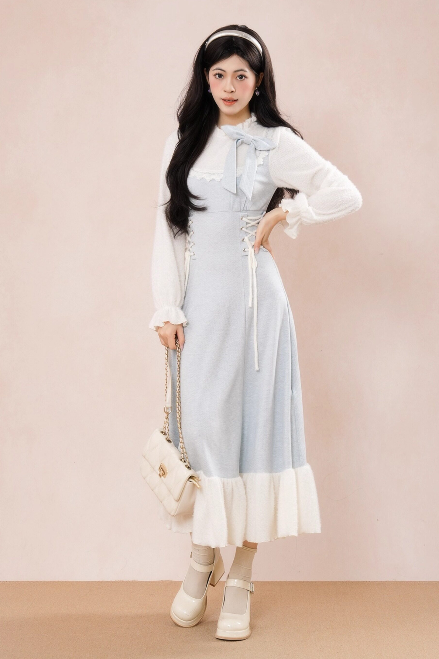 フレンチブルーリボンフリルドレス