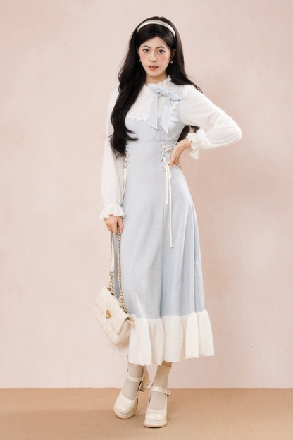 フレンチブルーリボンフリルドレス