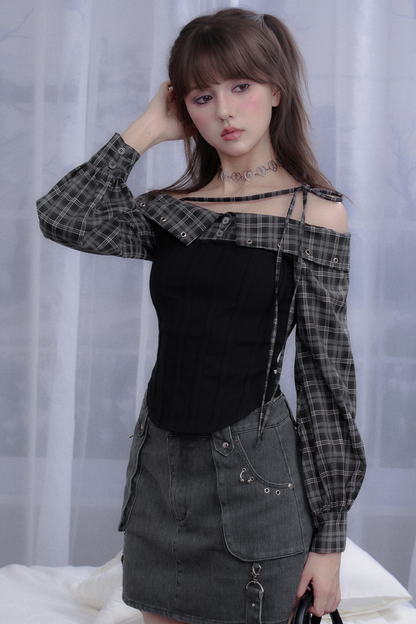 チェックオフショルダーシャツトップス