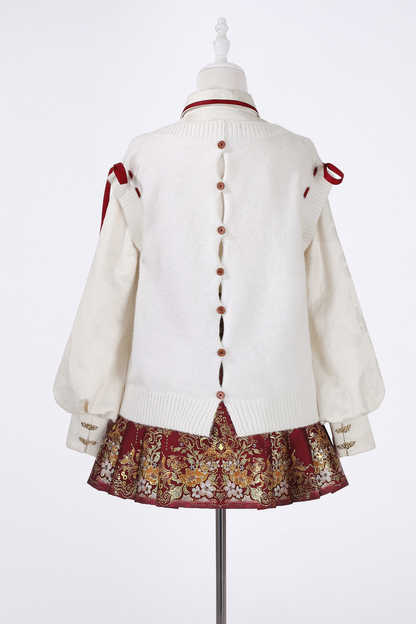 チャイナスノーニットベスト+シャツ+スカート