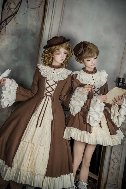 レーススタンドカラーフレアスリーブツインドールロリータドレス+カラー+ハット