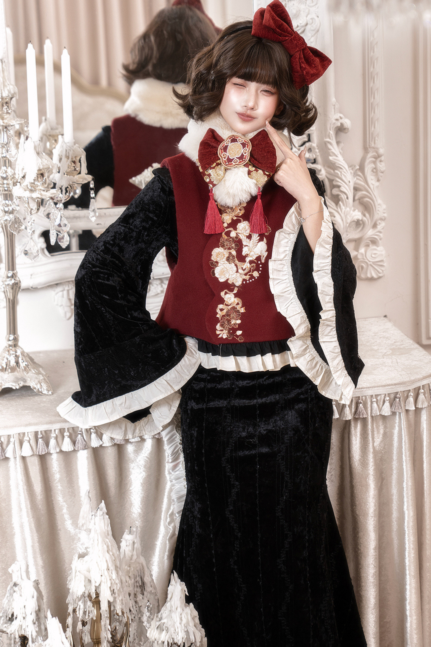 レトロフィッシュテールチャイナドレス+ベスト+ファースカーフ