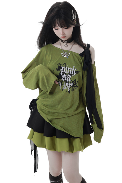 ワンショルダーアシメトップス+バルーンスカート