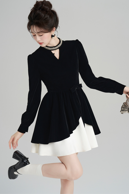 フレンチブラックベルベットラフルドレス