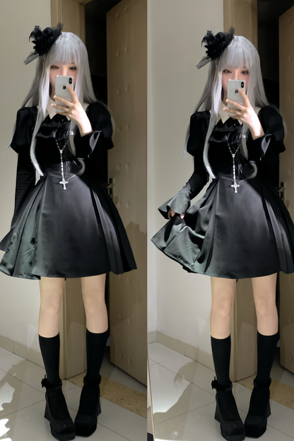 Gothic Lolita Fishbone Waist Slimming Dress + Shirt + Long Skirt
