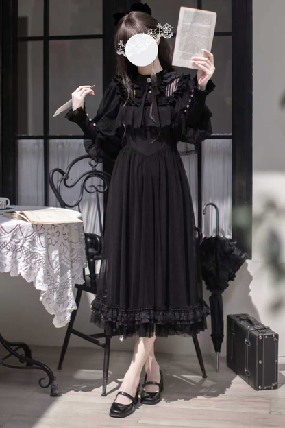 ダークエレガントブラックドットガーゼショールドレス