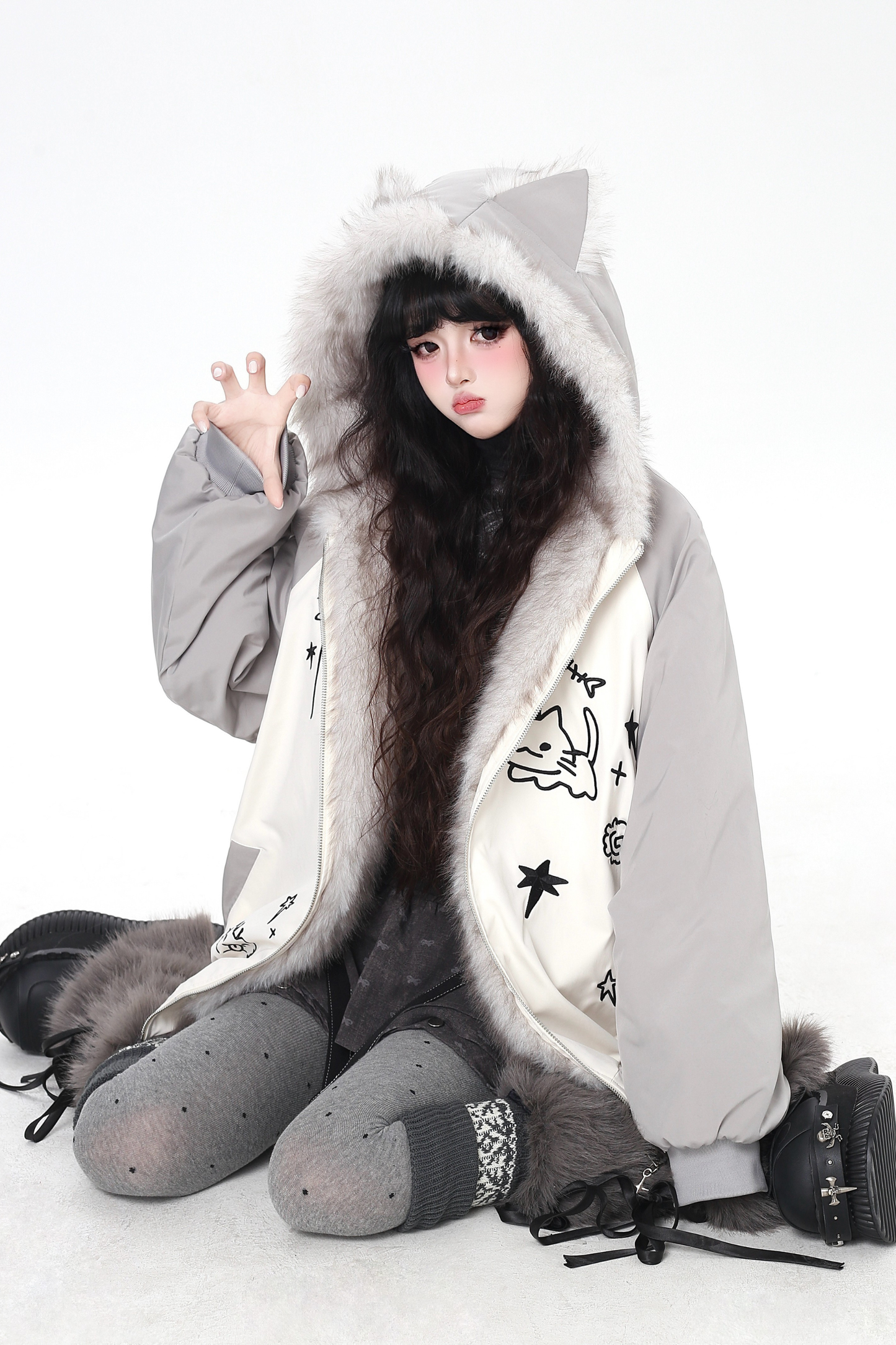 Cat Ear Bicolor Fur Jacket