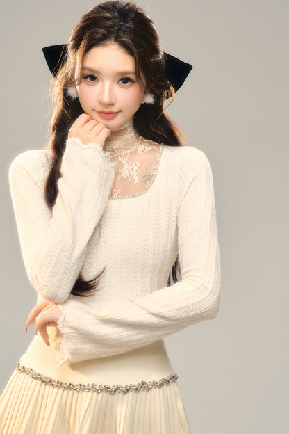 Lace Pile Collar Square Collar Knit Top