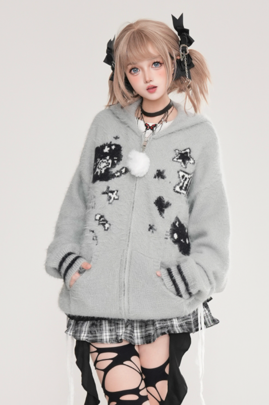 Asymmetric Rabbit Hooded Loose Cardigan