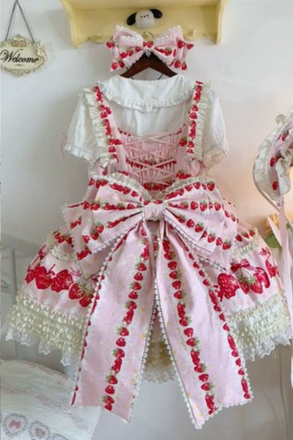 ストロベリーロリータジャンパースカート+ラビットヘアスカーフ+ビッグリボン+トップス+ハット+ボンネット