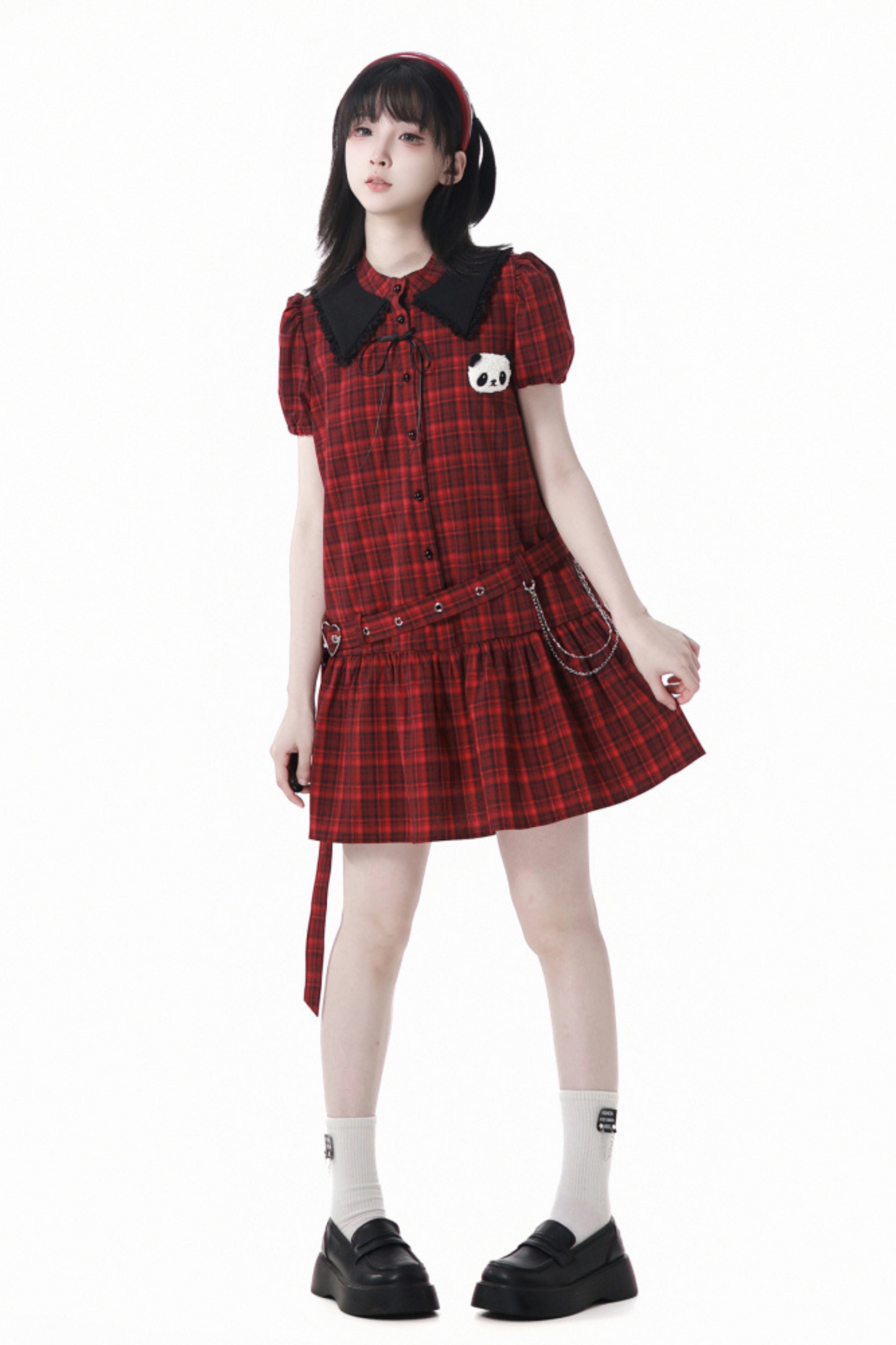 Love Comi Panda Checkered Dress + Pleated Skirt + Cropped Top