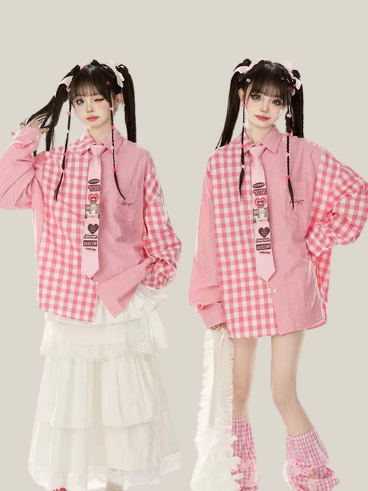 11SH97 design pink check shirt, lazy style, loose contrasting shirt, spring and summer, foreign style, special top