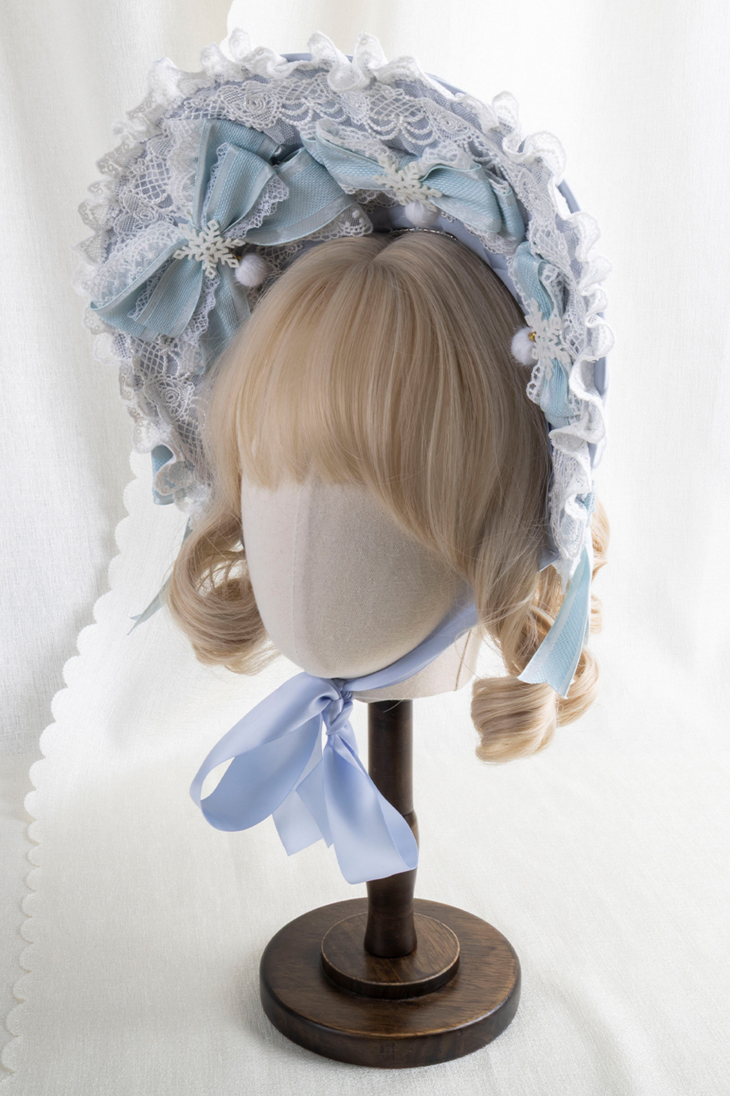 フリルアイスカラーロリータフラットハット+リボンクリップ+ヘアバンド+ハットクリップ