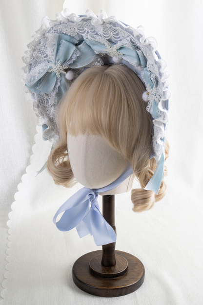 フリルアイスカラーロリータフラットハット+リボンクリップ+ヘアバンド+ハットクリップ