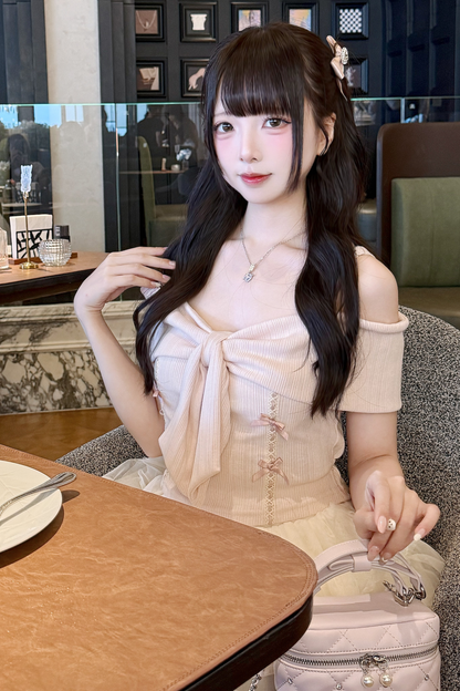 ワンショルダーリボンニットトップス