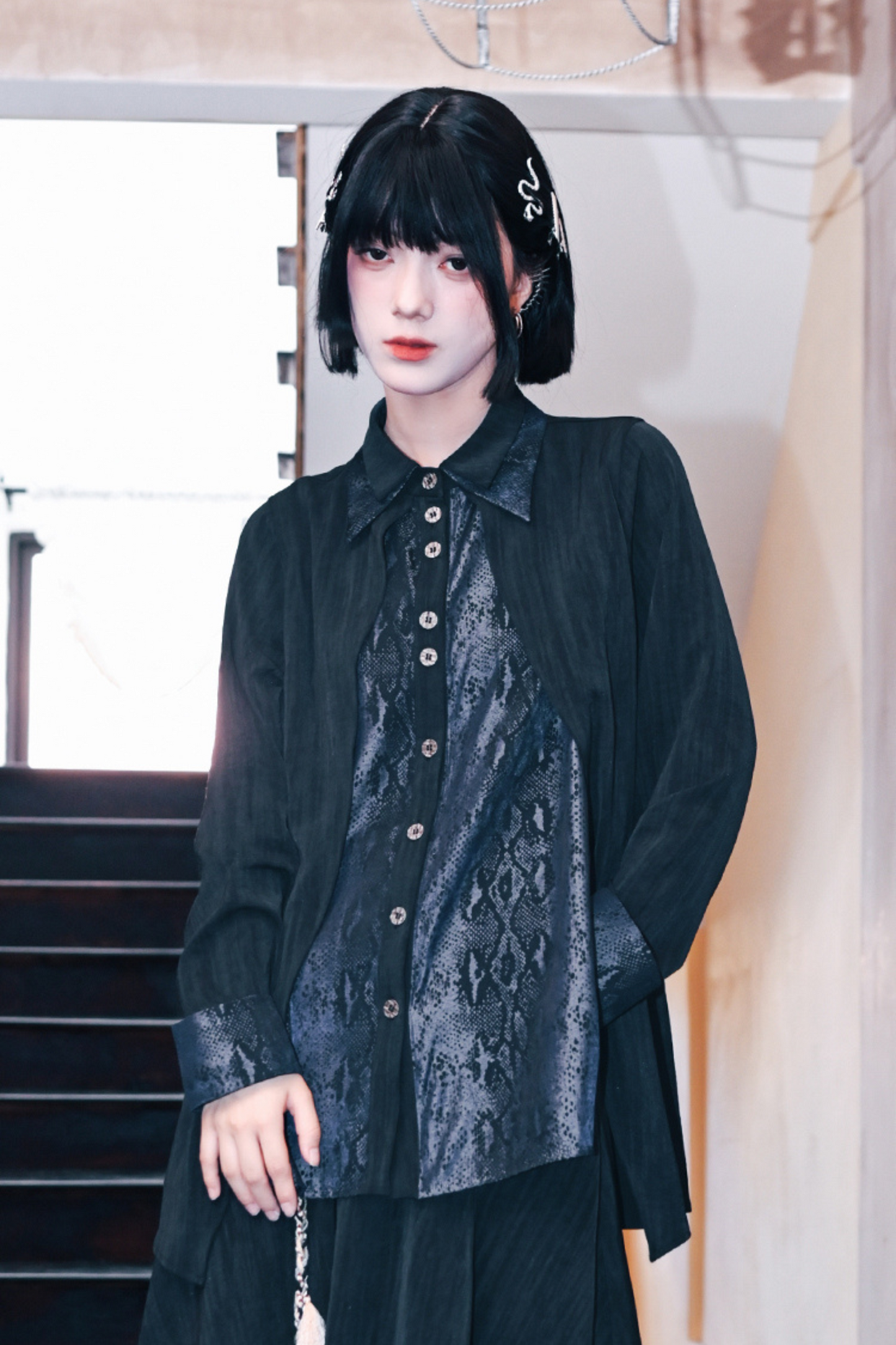 Snake design patchwork shirt