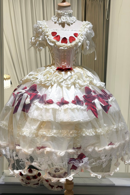 [3월 13일 예약마감] 스트로베리 크림 롤리타 원피스 + 케이크 모자 + 꼬리 + 보닛 + 페티코트