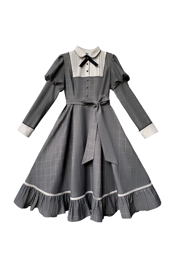 【予約商品】レトログレーチェックエレガントパフロングスリーブドレス＋クロスタイ