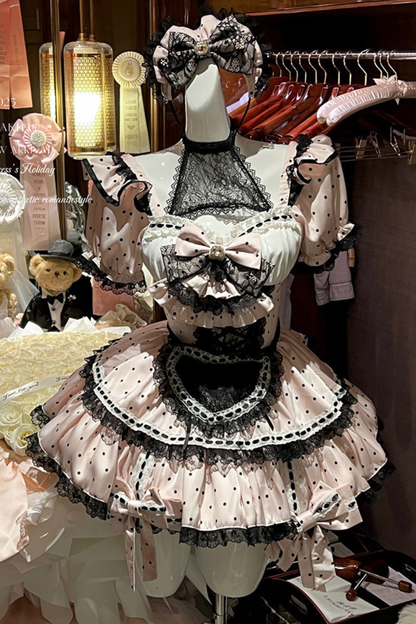 スイートリトルドットメイドロリータドレス+エプロン+ヘッドアクセサリー+ベール