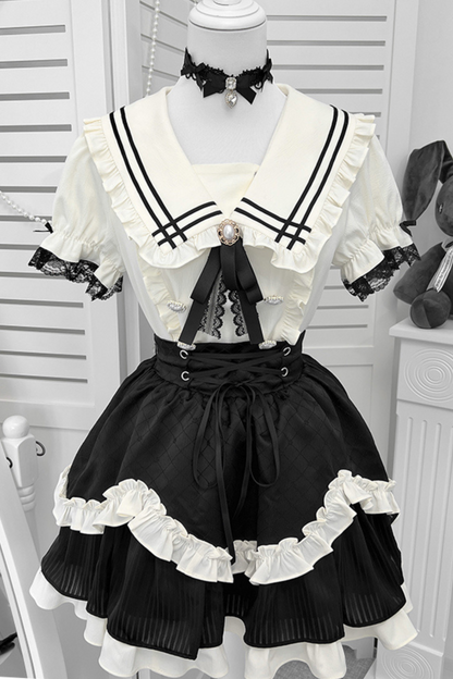 地雷ラインセーラートップス+フレアスカート