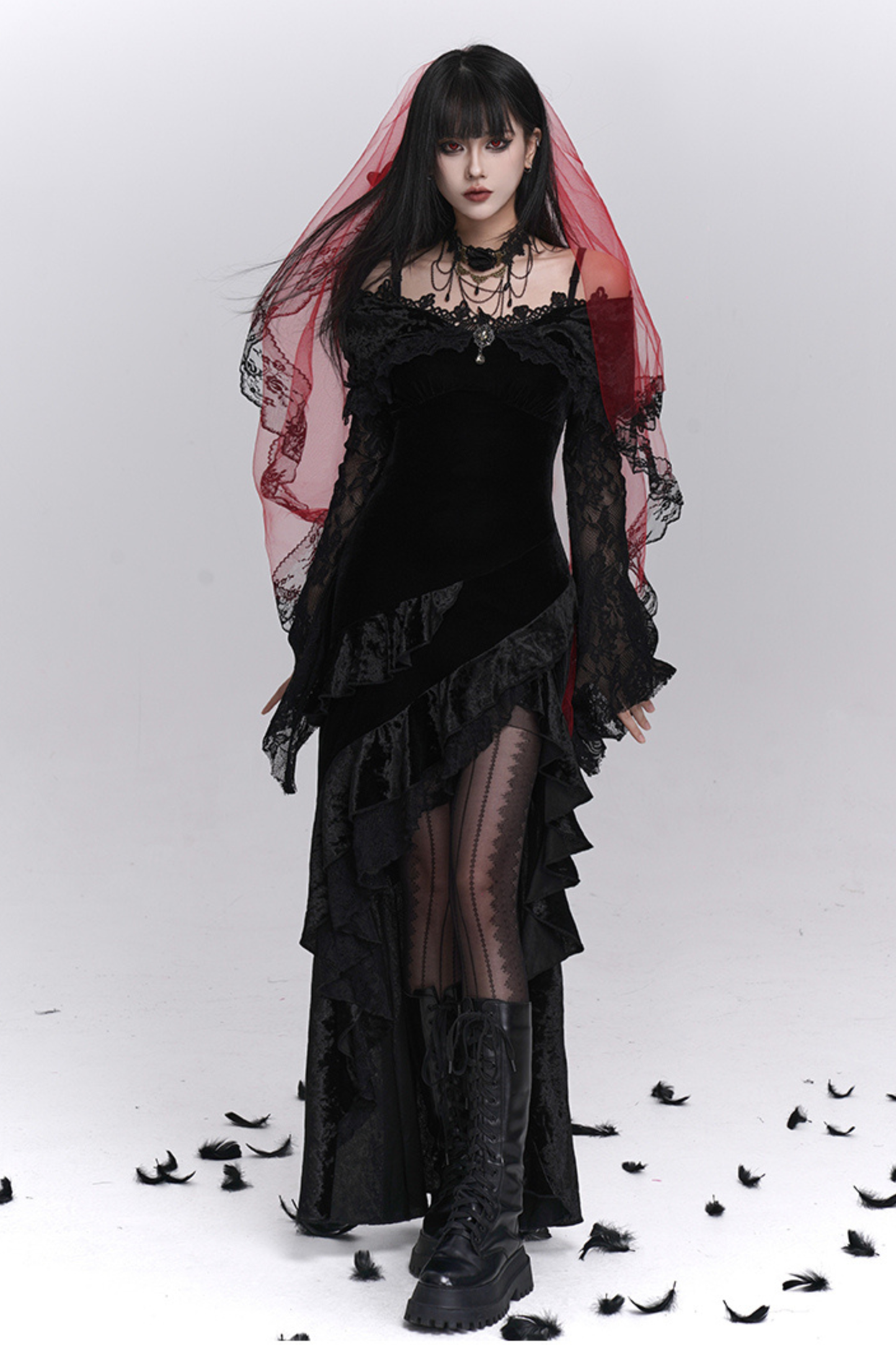 Gothic Lace Flare Long Dress