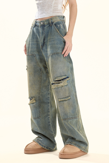 ウォッシュレトロデザインデニムパンツ