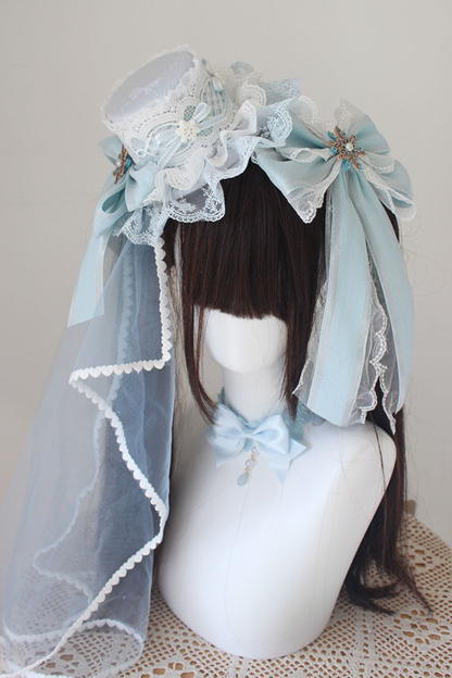 レースロリータボネットハット+カチューシャ+スリーブ+ピン+ハット+ベール