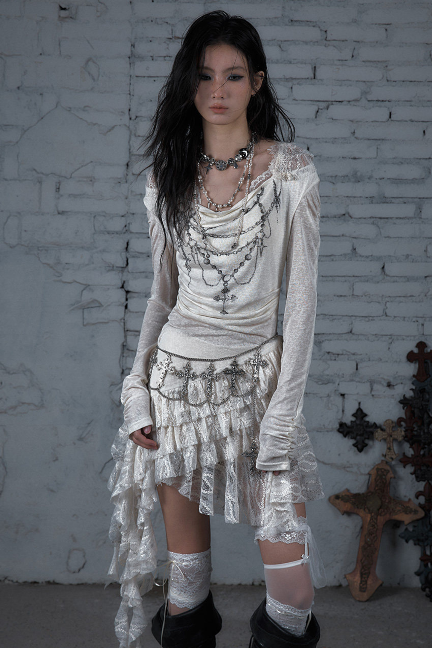 Punk-Spitzen-Kapuzen-Asymmetrie-Kleid