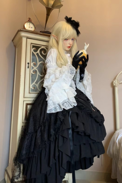 ゴシックスーパーゴージャスジスリーブロリータシャツ+フリルスカート+ハット