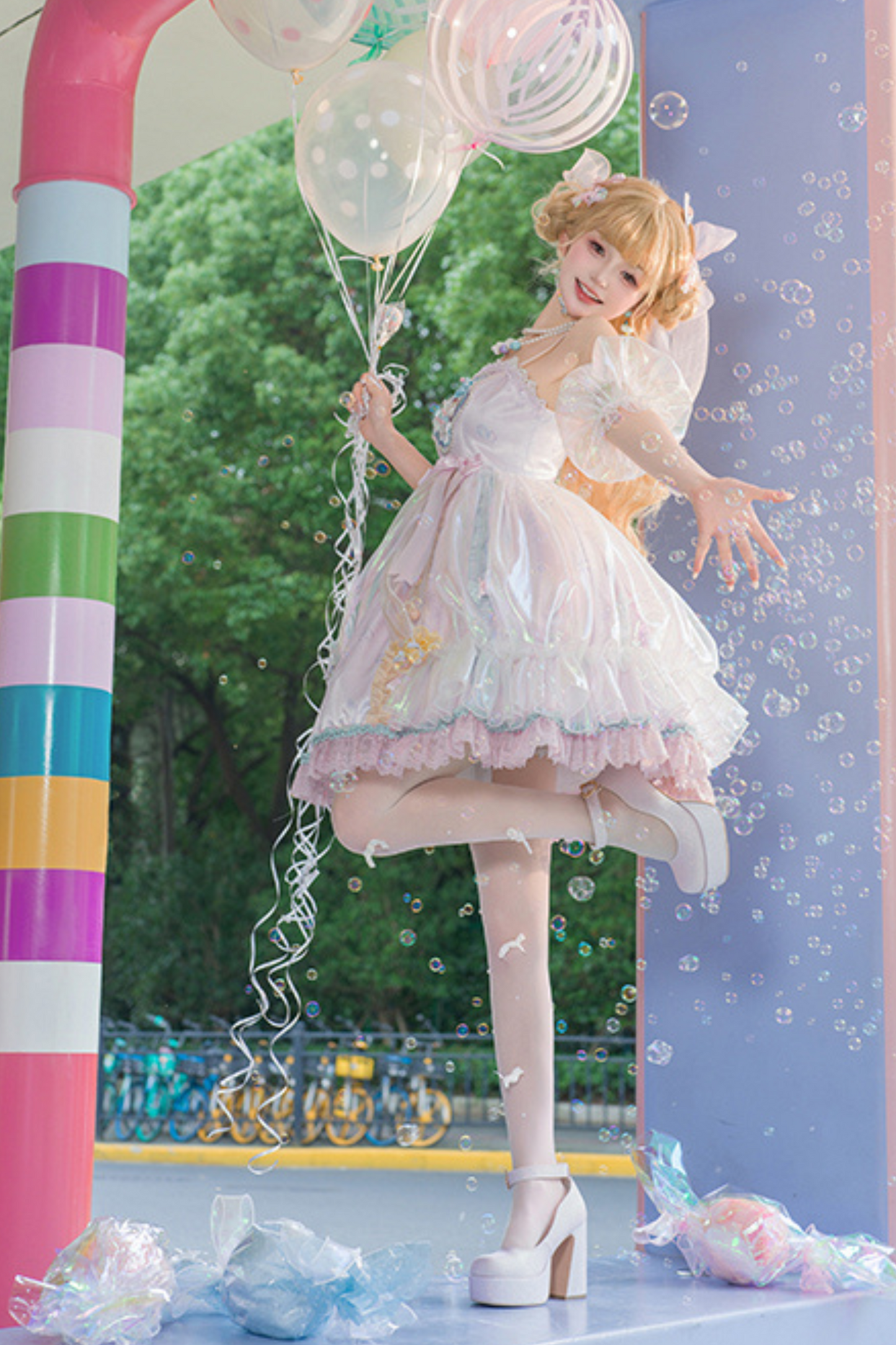 キャンデーポップバルーンロリータジャンパースカート+パールネックレス