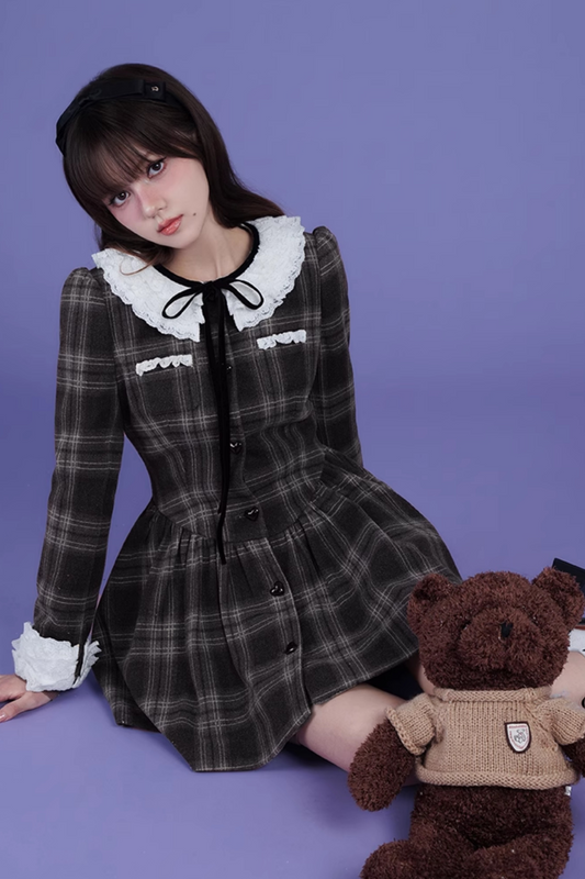 Lace Collar Wool Check Dress Coat