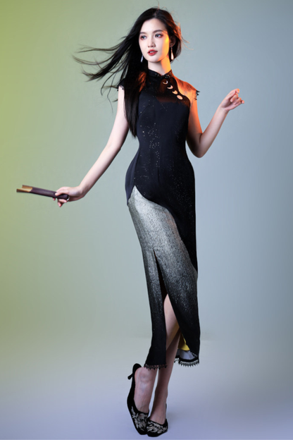 ダークサテンムーンチャイナタイトドレス