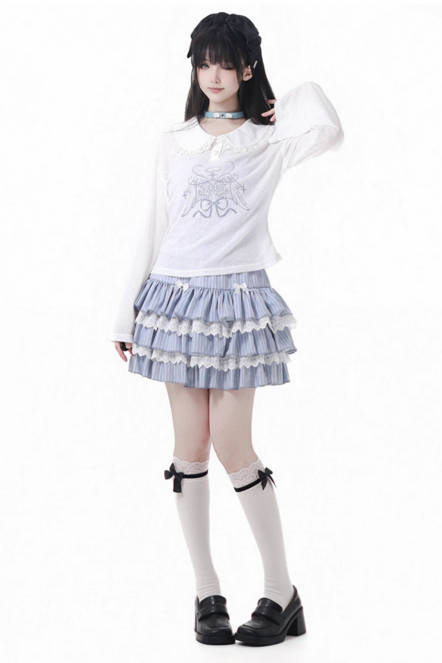 スモックサスペンダー+ドールカラートップス+ケーキスカート