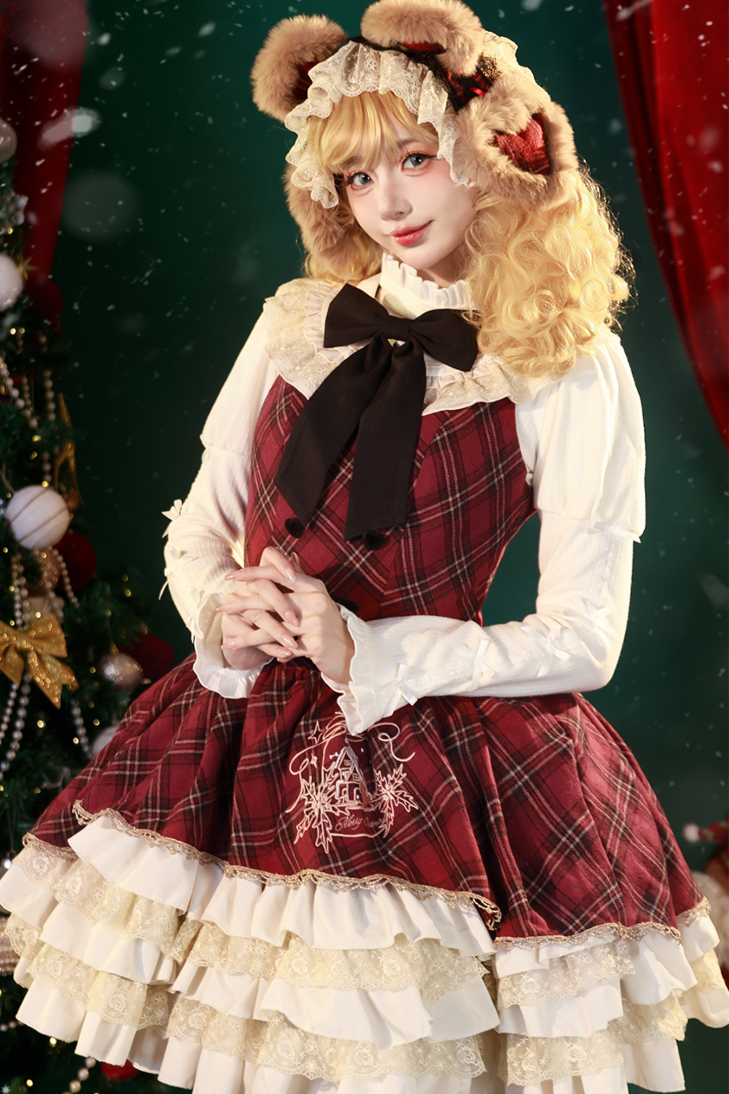 [Pre-order item] Check Lolita JSK + Hooded Cloak + Knit + Bear Catsuit