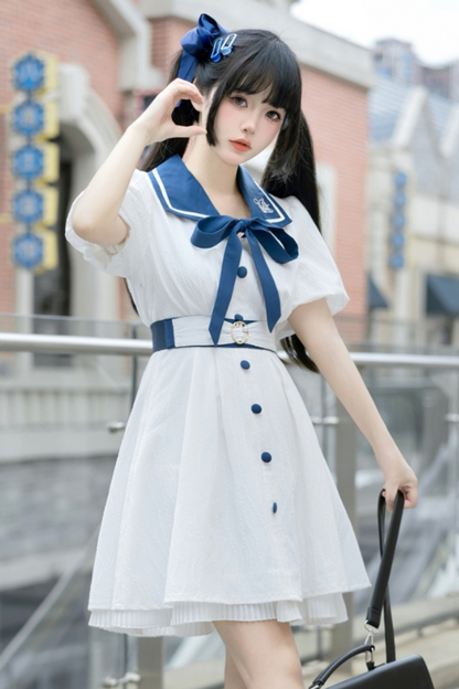 エレガントシフォンパフスリーブカレッジスタイルドレス