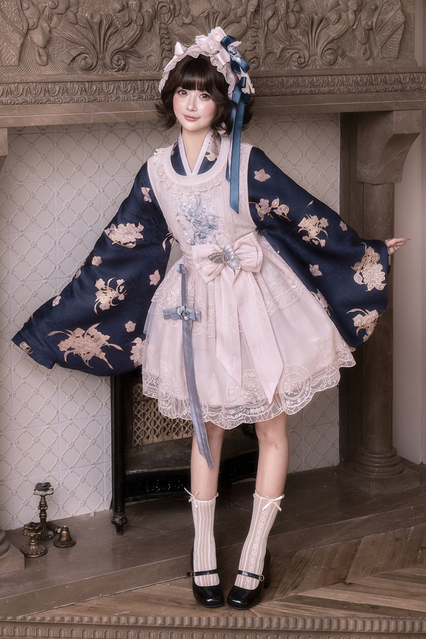 アップクロスカラージャケット+ショートジャケット+ドレス+ヘアバンド+リボン