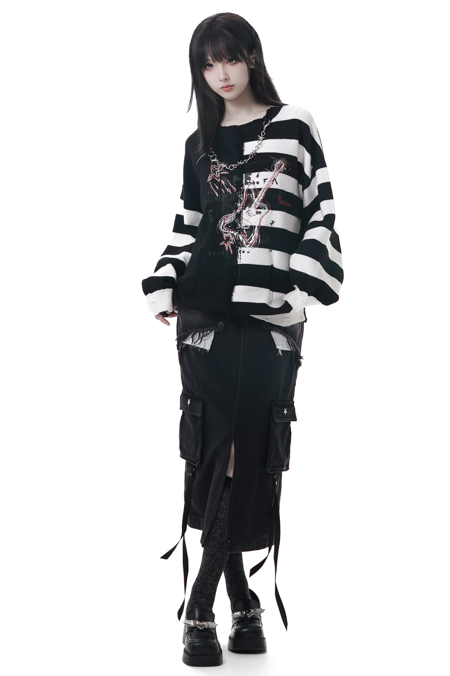 アシメボーダーセーター+デニムスカート