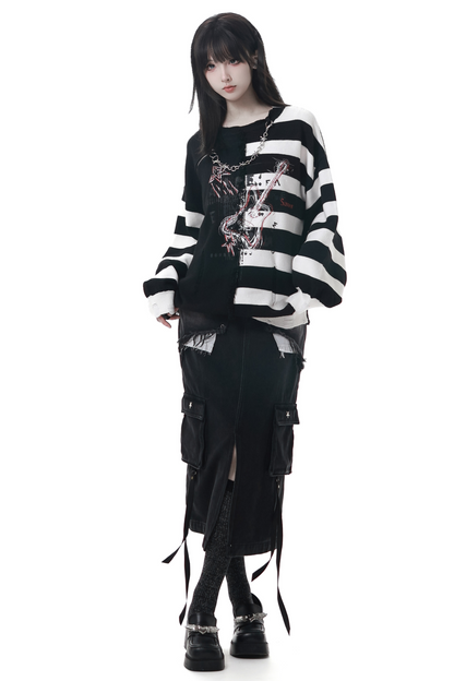 アシメボーダーセーター+デニムスカート