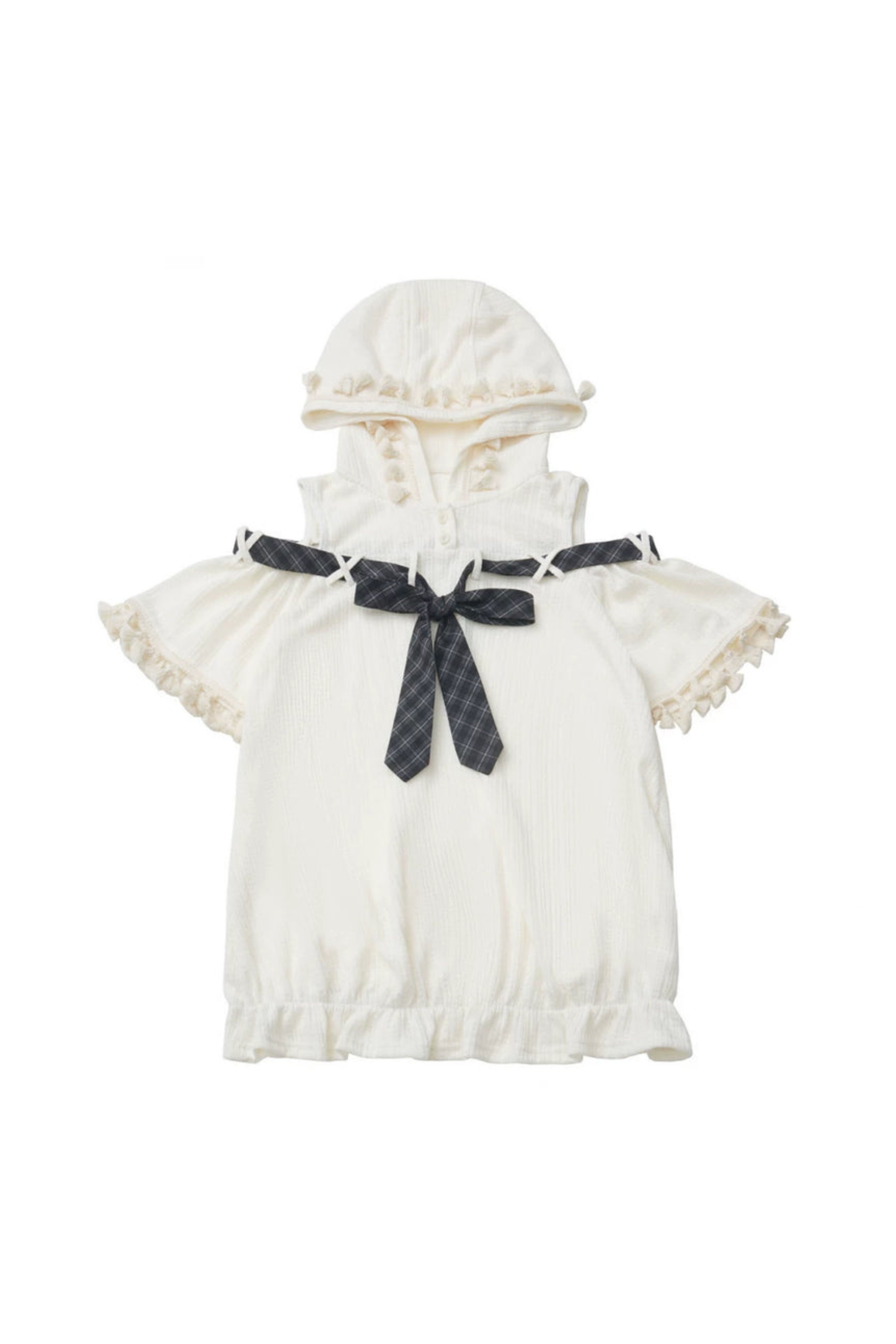 Schulterfreies Kapuzenoberteil + Rüschenoberteil + Stufenrock + Unterhemd