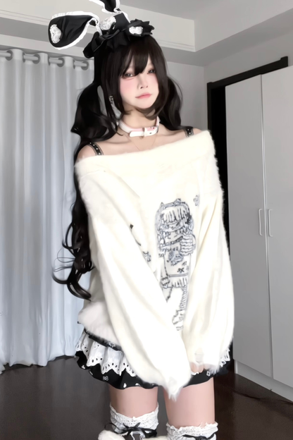 Anime Illustration Off-Shoulder Loose Tops