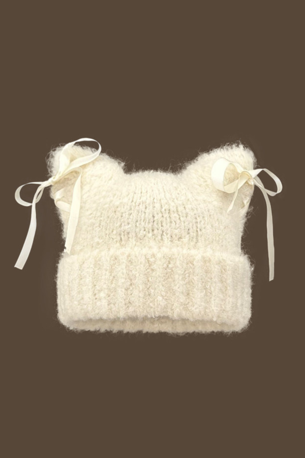 Plush Bow Ribbon Knit Hat