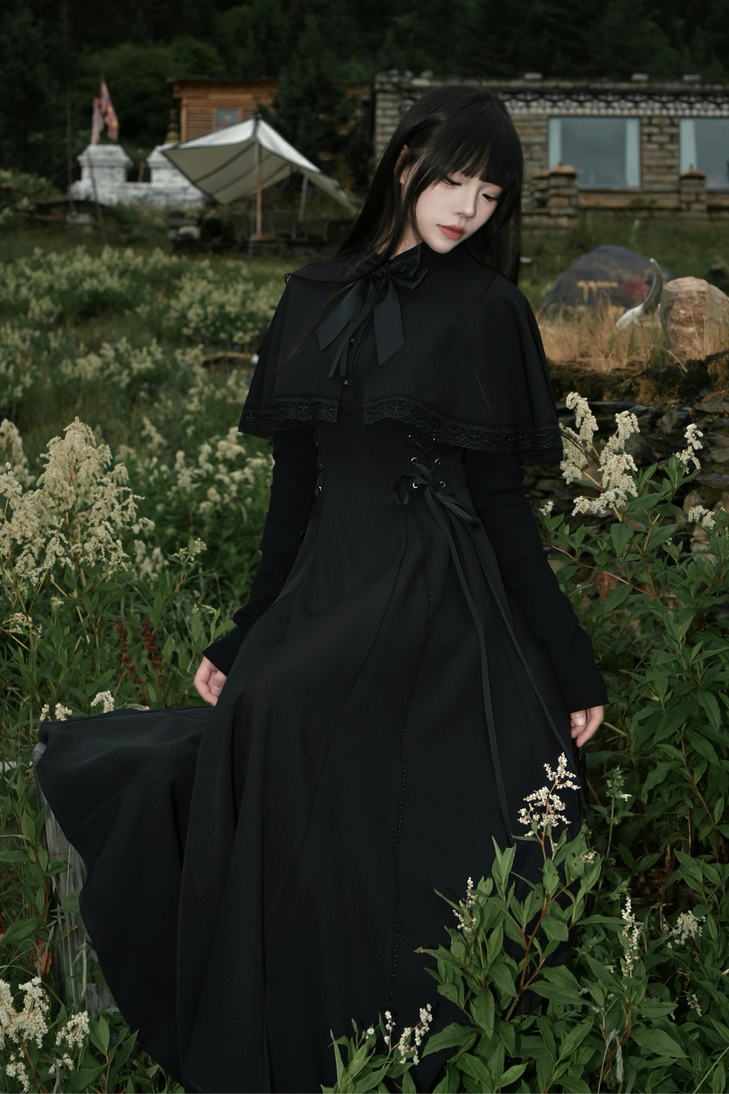 French cape dark dress