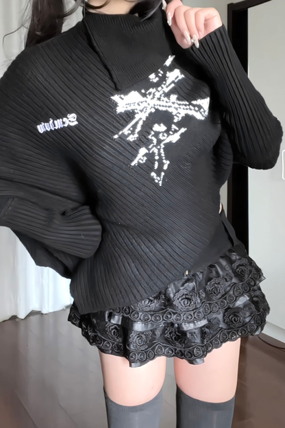 High Neck Letter Print Dark Top