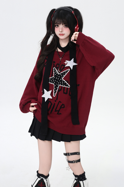 スターデザインルーズラウンドネックトップス