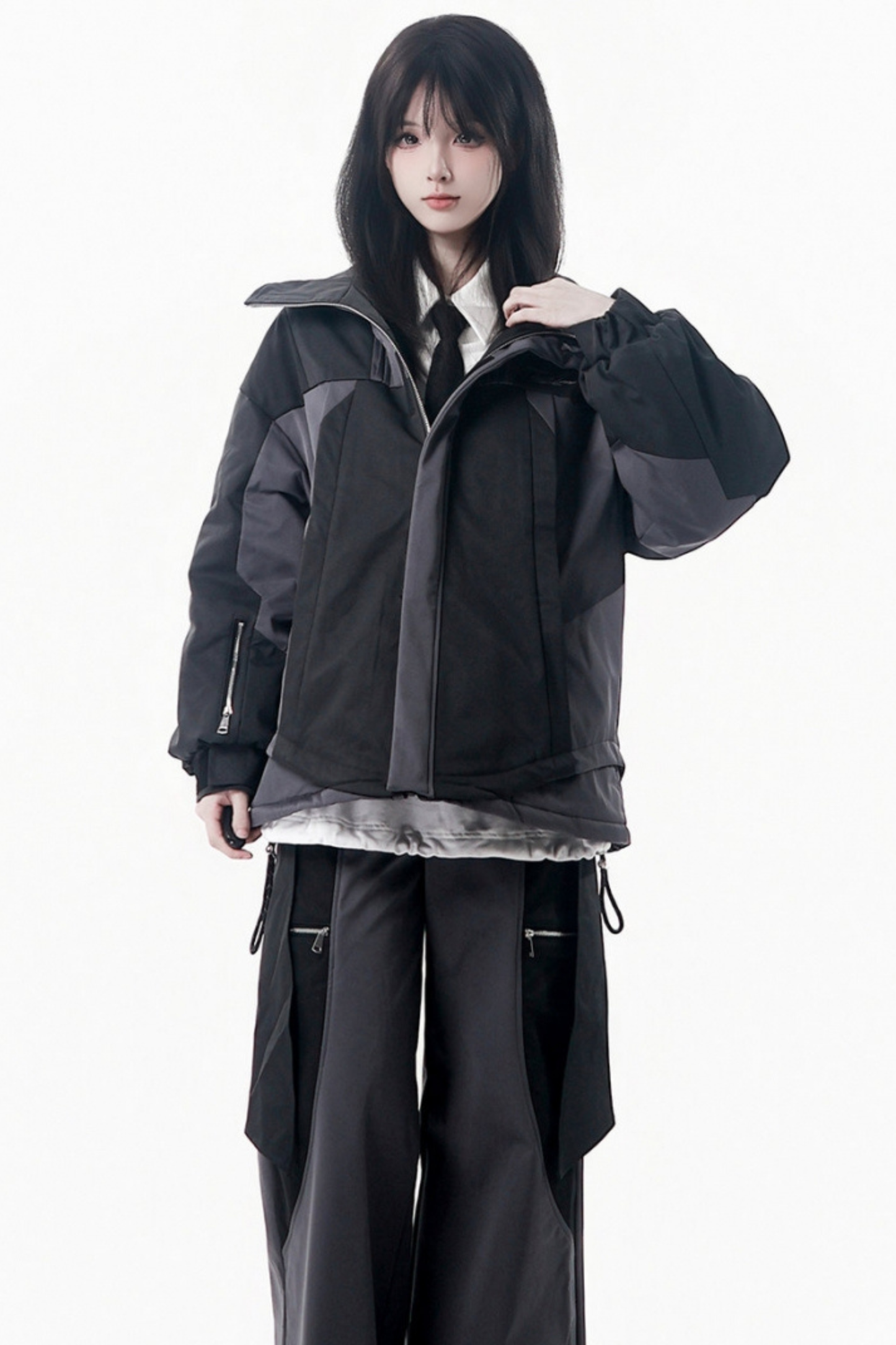 Dark gray color blocking jacket + pants + skirt + top